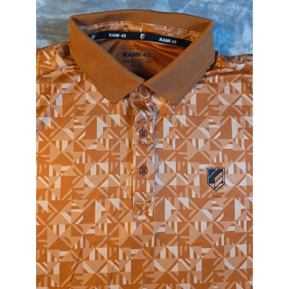 Rank 45 Polo Shirt Men Medium Orange Geometric Performance Short Sleeve Golf